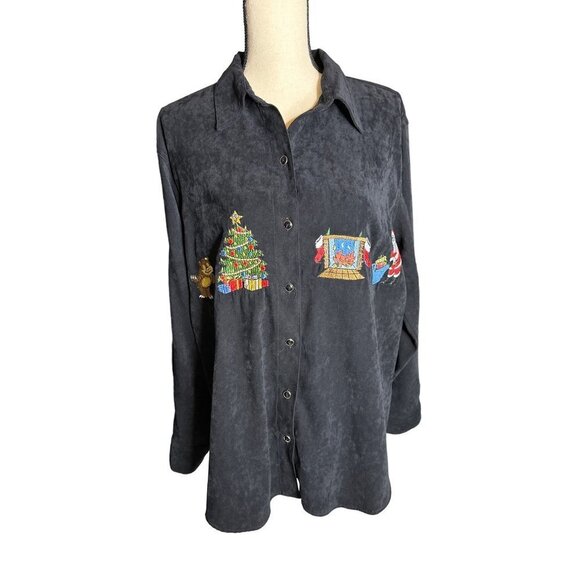 Bill Blass Christmas Shirt Button Up Santa Black Velveteen Fireplace Patches 1X - Picture 1 of 7